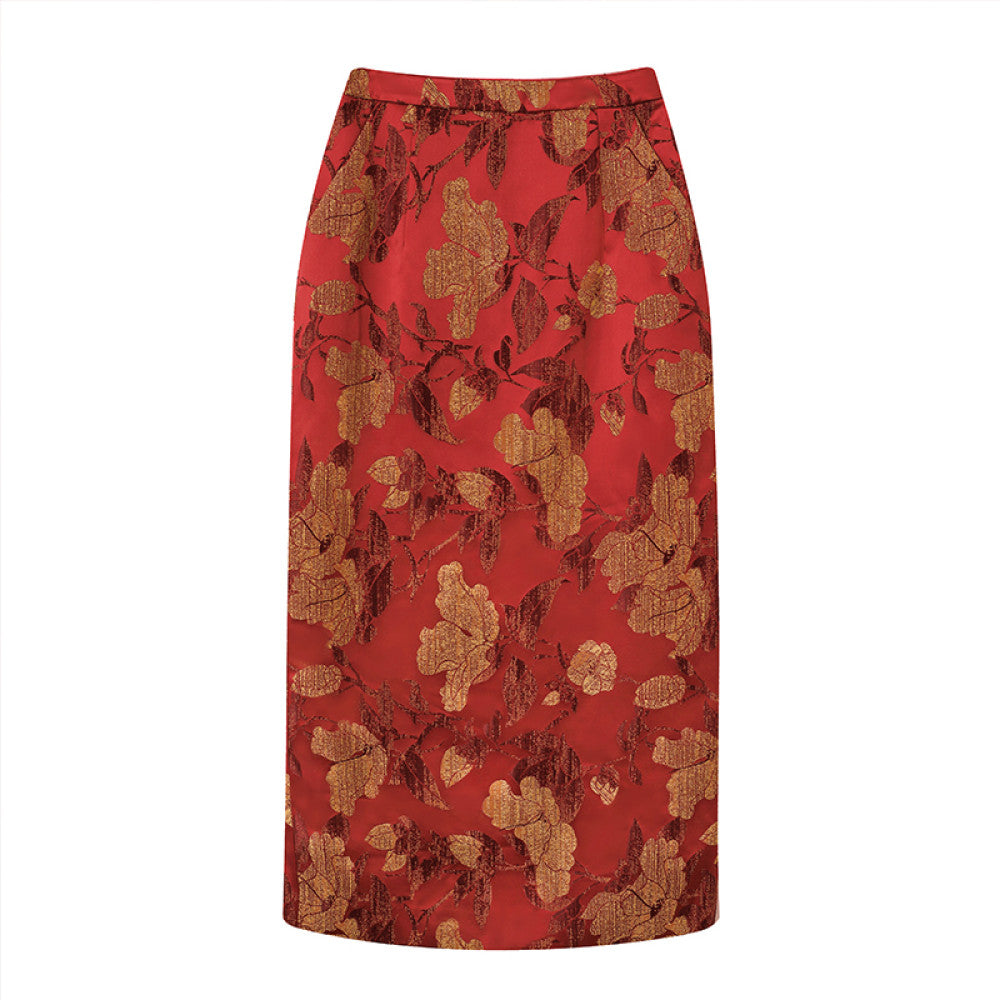 Ruyi Lianyun Spring and Autumn New Jacquard Straight Tube Half length Skirt for Women New Chinese Style Retro Style Pencil Skirt with Drawback image 11