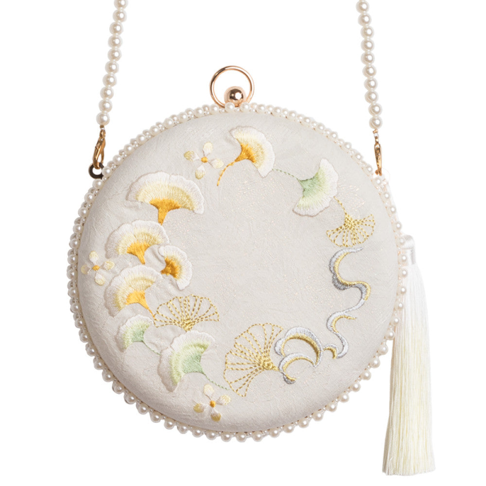 Embroidered handmade bag niche design crossbody bag women s versatile ins gentle ancient style apricot leaf bead Hanfu small bag image 5