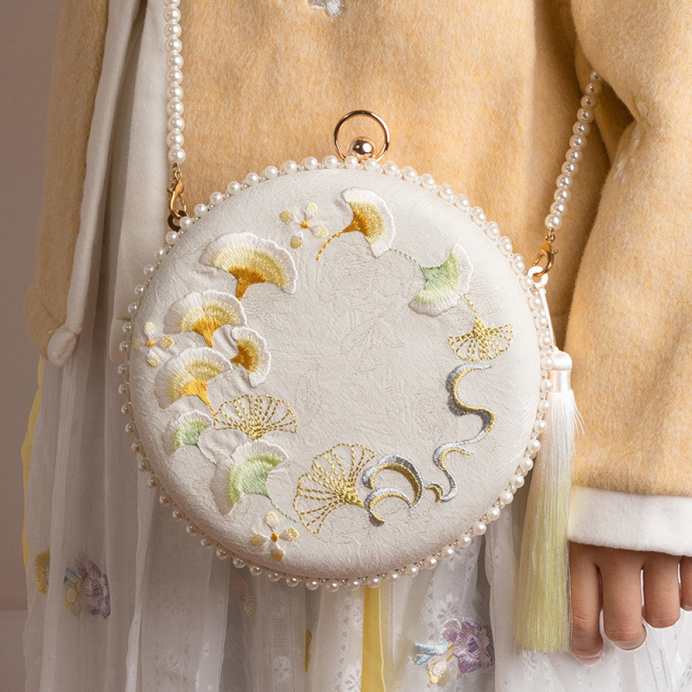 Embroidered handmade bag niche design crossbody bag women s versatile ins gentle ancient style apricot leaf bead Hanfu small bag image 7
