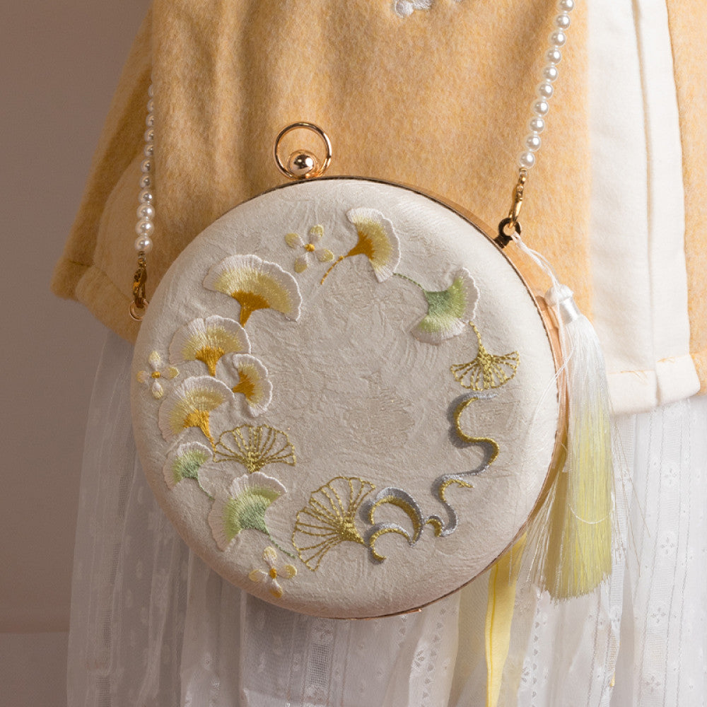 Embroidered handmade bag niche design crossbody bag women s versatile ins gentle ancient style apricot leaf bead Hanfu small bag image 14
