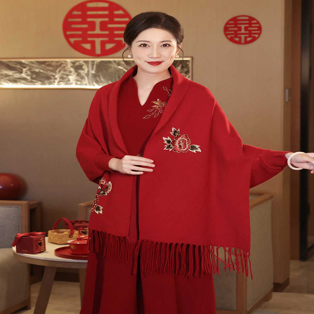 High end red matching with mother s cheongsam shawl 2023 new autumn and winter wedding banquet wedding dress Chinese style outdoor outfit image 1