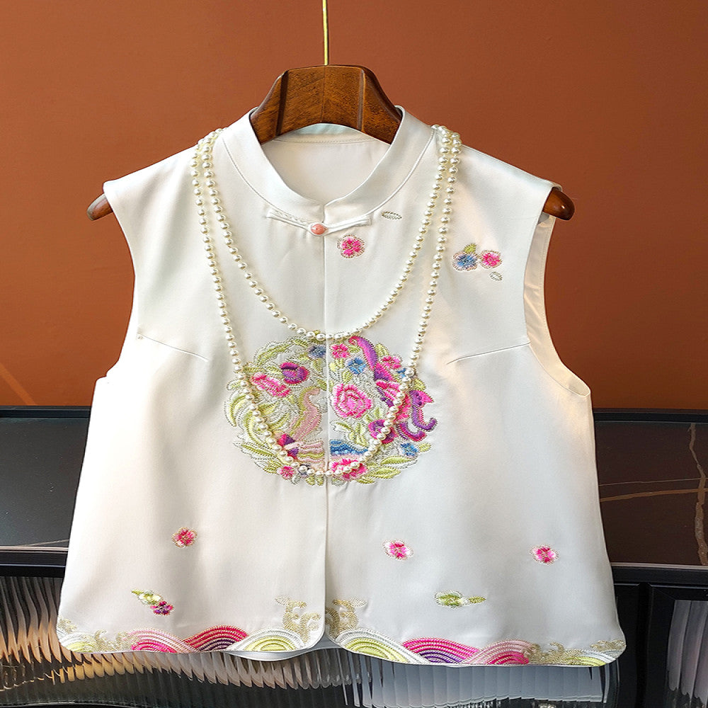 White retro buckle acetate satin vest for women in spring and summer improved new Chinese embroidery top paired with Tang style clothing image 0