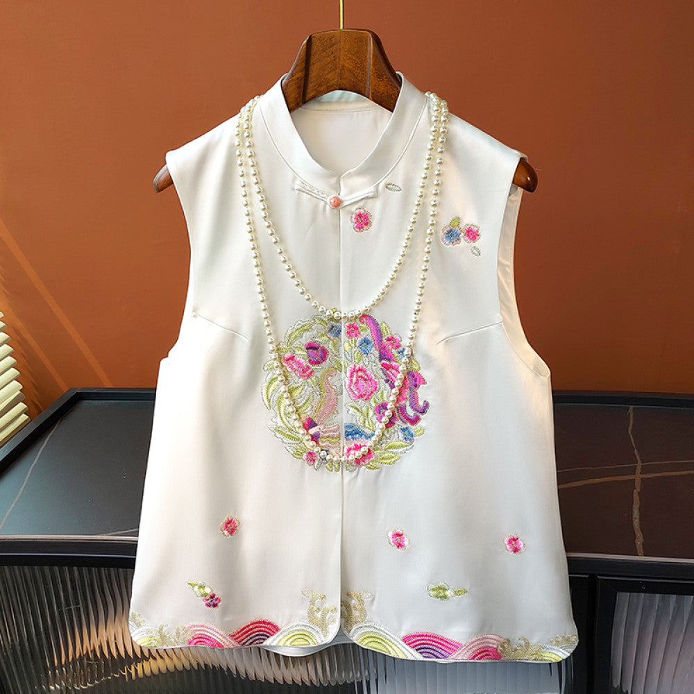 White retro buckle acetate satin vest for women in spring and summer improved new Chinese embroidery top paired with Tang style clothing image 25