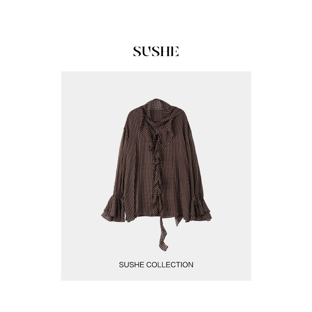 Shuxi SUSHE Sandalwood Retro Style Color Contrasting Grid Pattern Paddle Neck Ruffle Edge Trumpet Sleeve Lightweight Chiffon Shirt for Women image 10