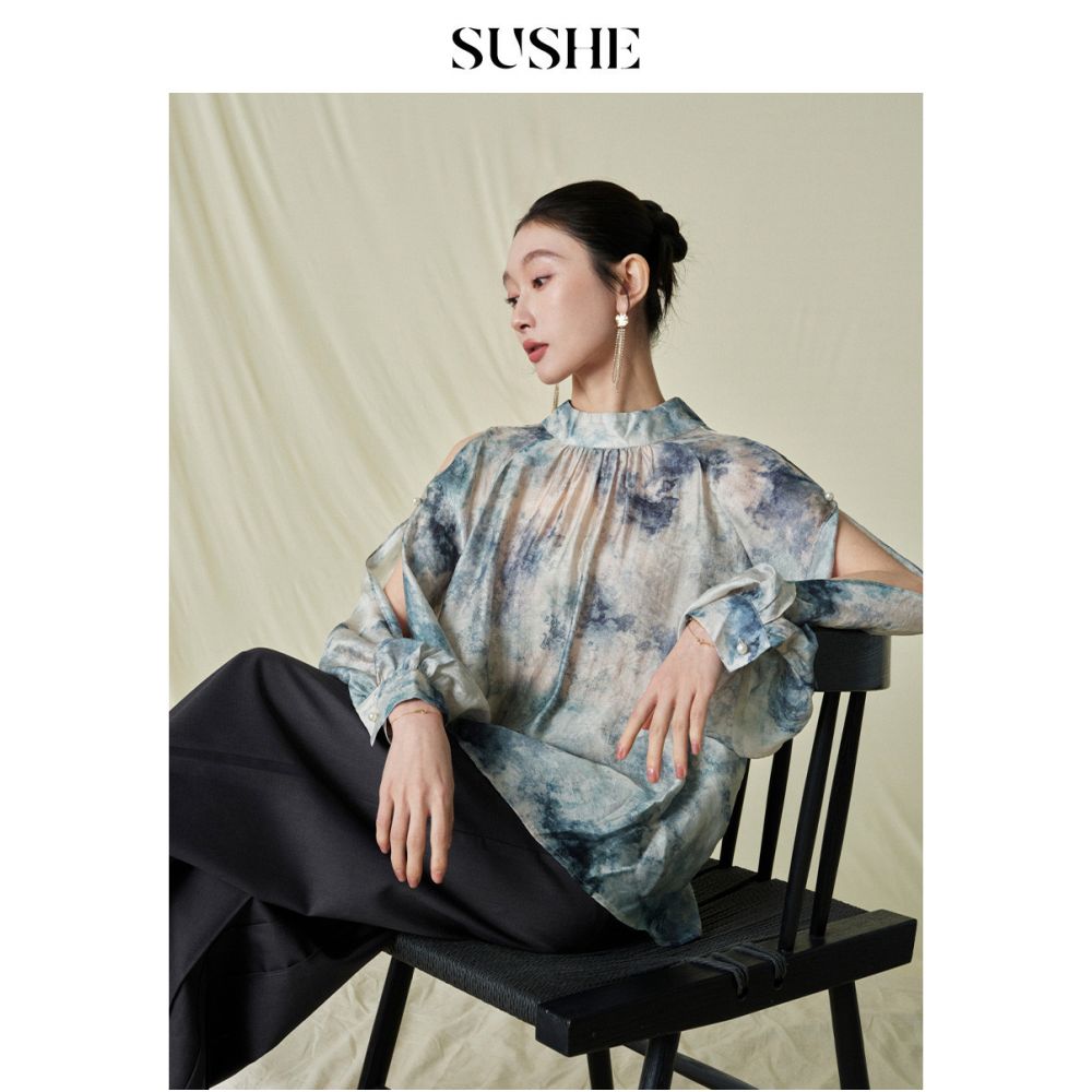 Shuxi SUSHE Xi Ying Tie Bow Tie Dyeing Design Artistic Commuter Shirt Women s Autumn Shirt image 8