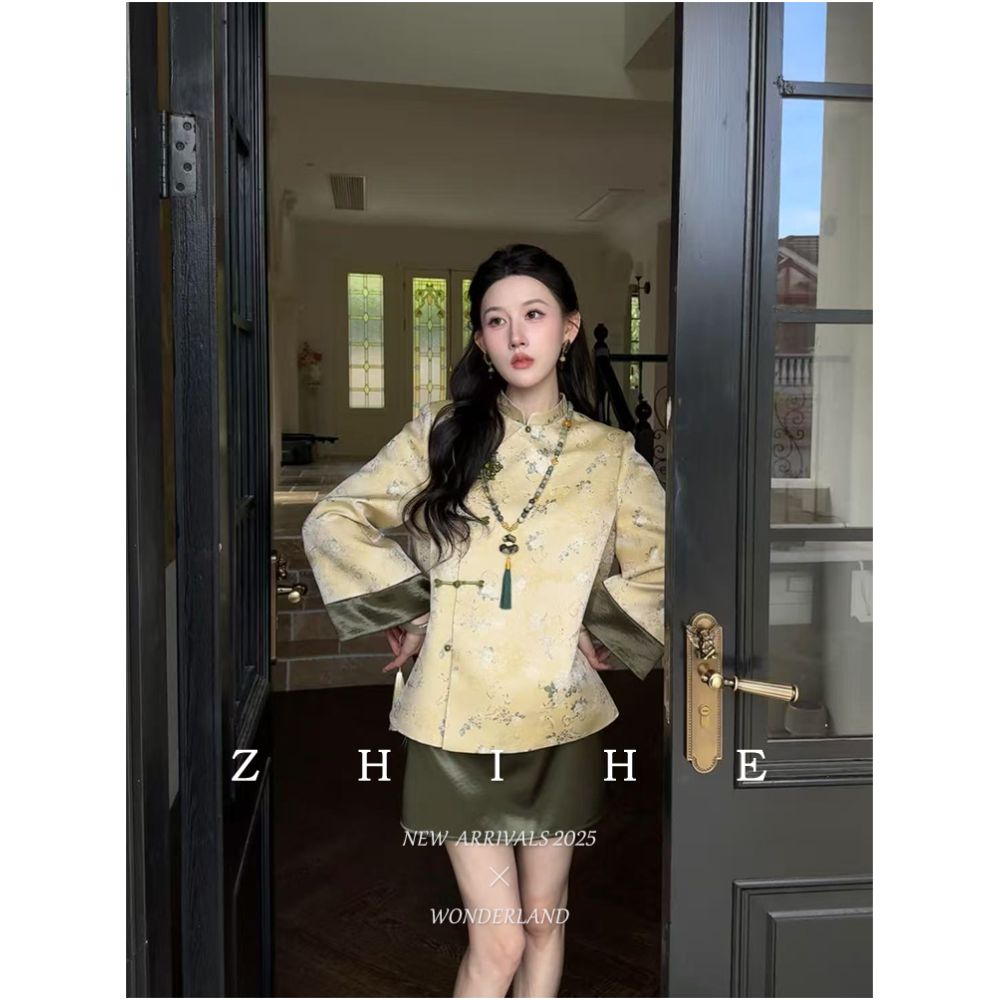 Wuyan Yihe Qing Wanshi Original New Chinese Gold Silk Jacquard Stand up Collar Coat Satin Shorts image 0
