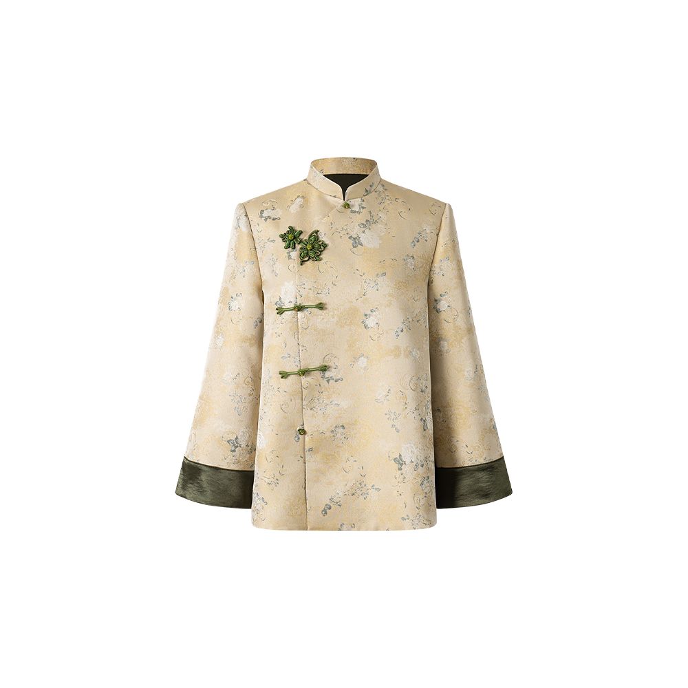 Wuyan Yihe Qing Wanshi Original New Chinese Gold Silk Jacquard Stand up Collar Coat Satin Shorts image 12