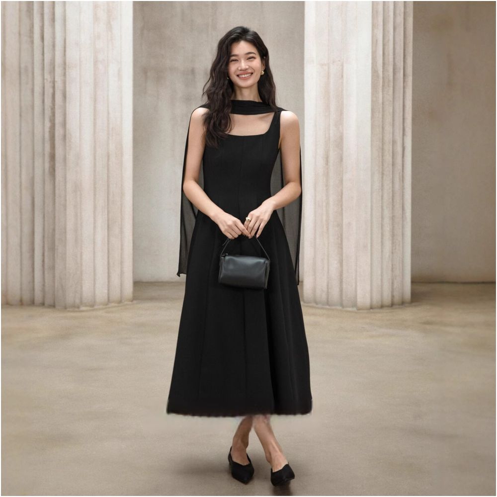 Black square neck sleeveless Hepburn waist cinched dress for women 2025 autumn new style temperament small black dress long skirt 4058 image 5