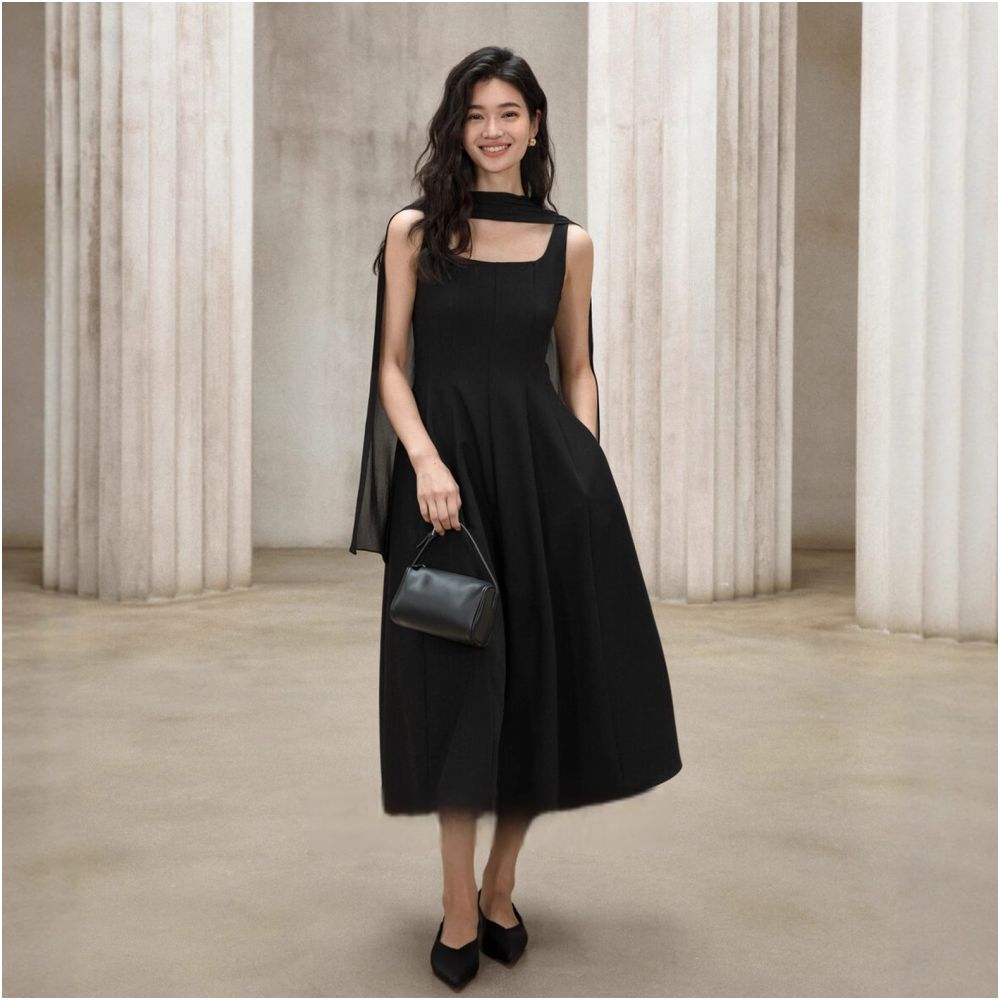 Black square neck sleeveless Hepburn waist cinched dress for women 2025 autumn new style temperament small black dress long skirt 4058 image 19
