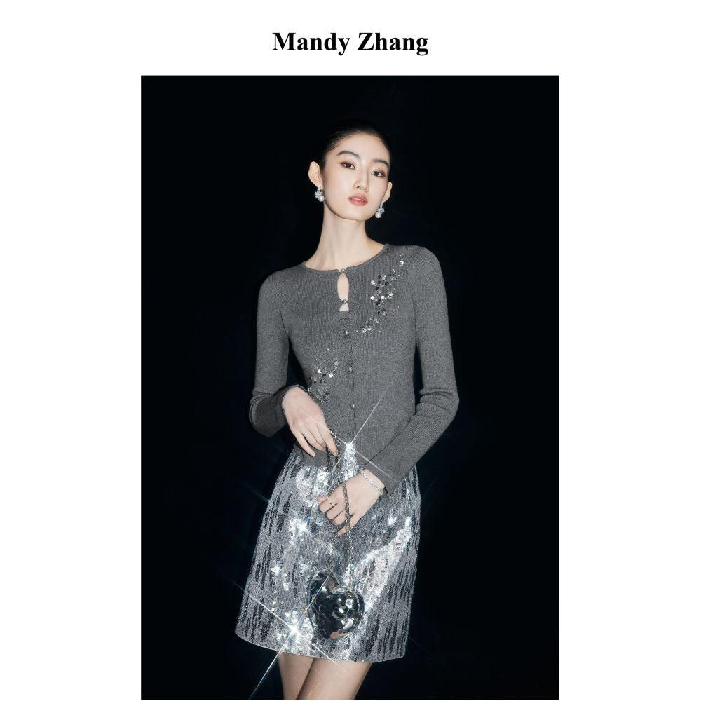 MandyZhang French Heavy Industry Nail Pearl Grey Knitted Cardigan Women s Autumn Pearl Button Temperament Sweater Coat image 0