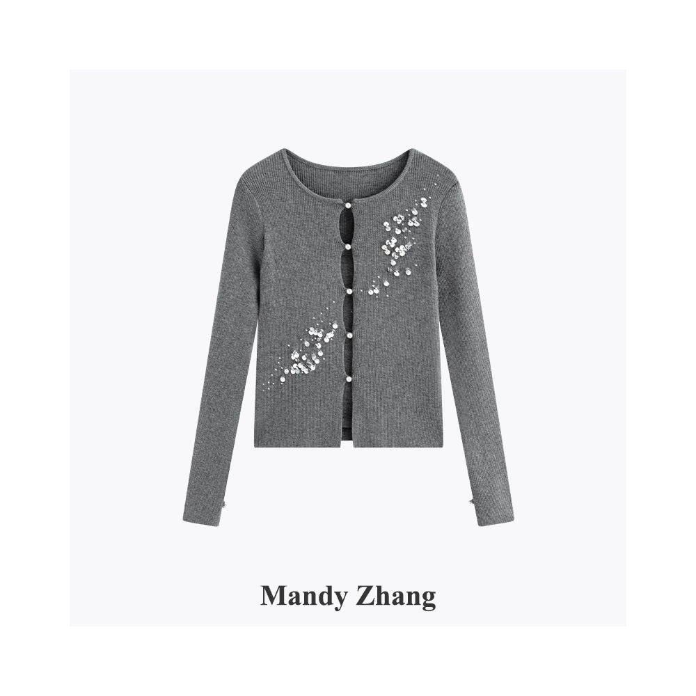 MandyZhang French Heavy Industry Nail Pearl Grey Knitted Cardigan Women s Autumn Pearl Button Temperament Sweater Coat image 5