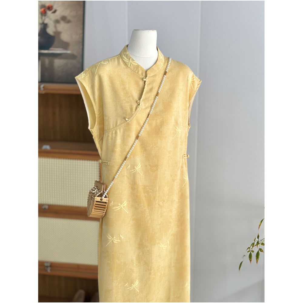 Yellow New Chinese style Improved Cheongsam Dress for Women in Summer Thin Slanted Embroidered Loose Cotton and Hemp Zen Tea Clothes image 6