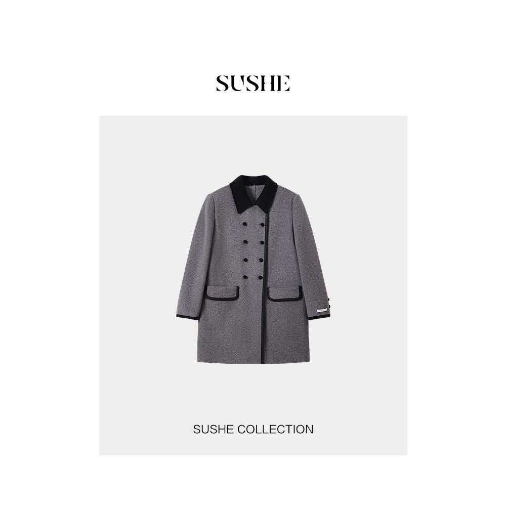 Shuxi SUSHE Sheep Wool Art Gold Fan Contrasting Color Double breasted Grey Double sided Woolen Coat for Women Autumn image 8