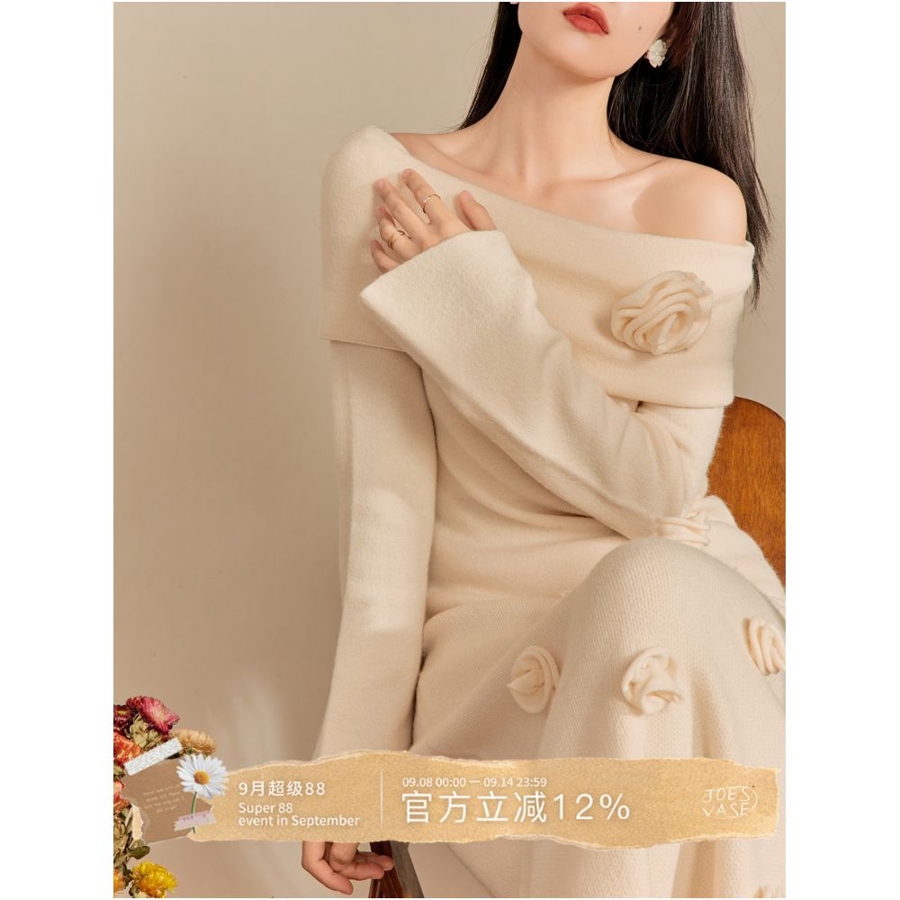 Qiao and Flower Bottle French Gentle Style One Shoulder Set 2025 New 3D Flower Beige Knitted Two Piece Set image 14