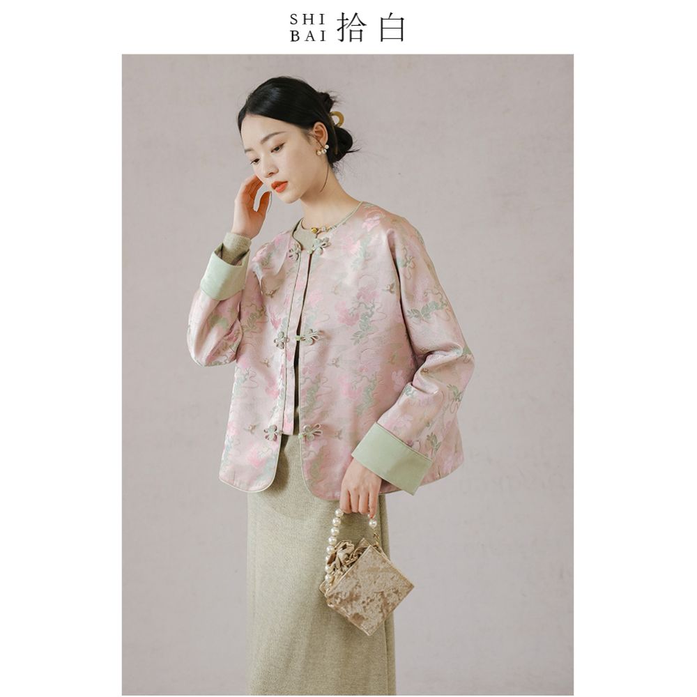 SHIBAI White Crane Pine Room Original New Chinese Coat Spring and Autumn New Jacquard Imitation Song Jin Pan Button Top image 16