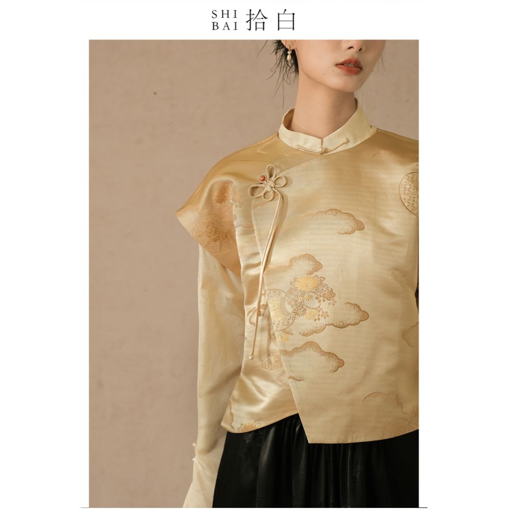 SHIBAI Picking up White Auspicious Clouds Pine Crane New Chinese Style Vest Spring and Autumn Chinese Style Tang Costume Jacquard Buckle Improved Top image 0