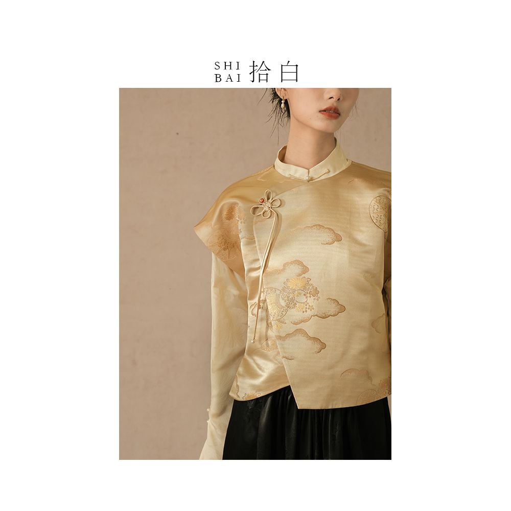 SHIBAI Picking up White Auspicious Clouds Pine Crane New Chinese Style Vest Spring and Autumn Chinese Style Tang Costume Jacquard Buckle Improved Top image 7