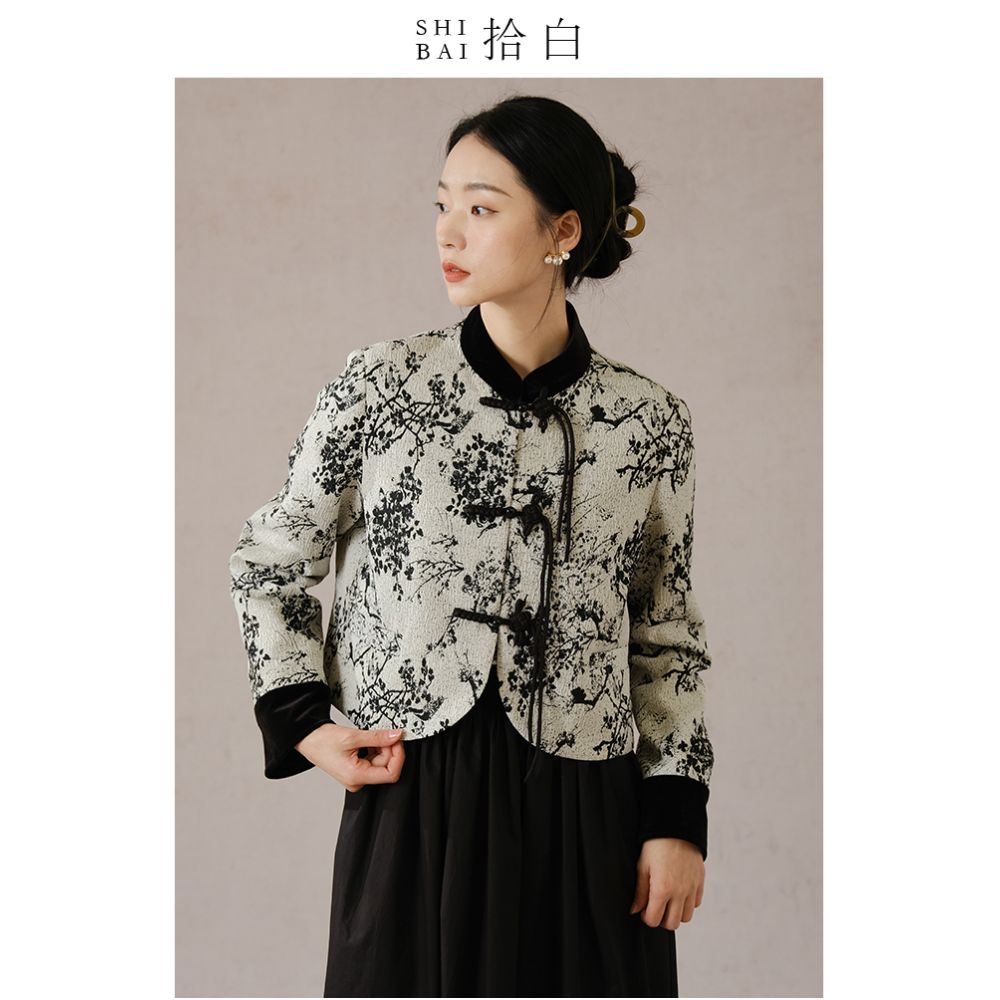 SHIBAI White New Chinese Style Coat Autumn Winter New Black Plum Blossom High end Temperament Jacquard Buckle Top image 8