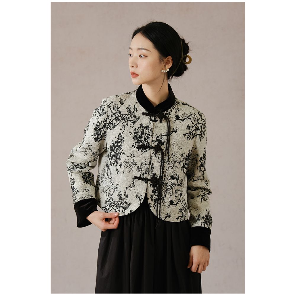 SHIBAI White New Chinese Style Coat Autumn Winter New Black Plum Blossom High end Temperament Jacquard Buckle Top image 28