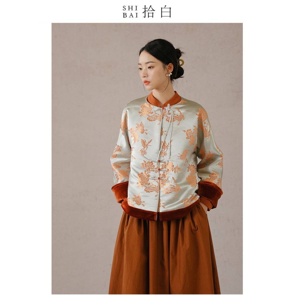 SHIBAI Picking up White Butterfly Playing Peony Original New Chinese style Pan Button Cotton Coat Velvet Jacquard Thick Cotton Coat for Women image 9