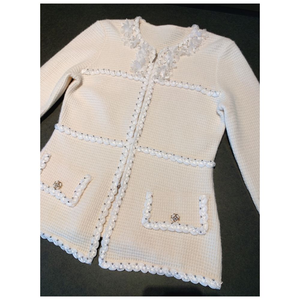 Luxury cashmere flower rhinestone French style small fragrance knitted cardigan with high end feel heavy coat sweater W4104 image 9