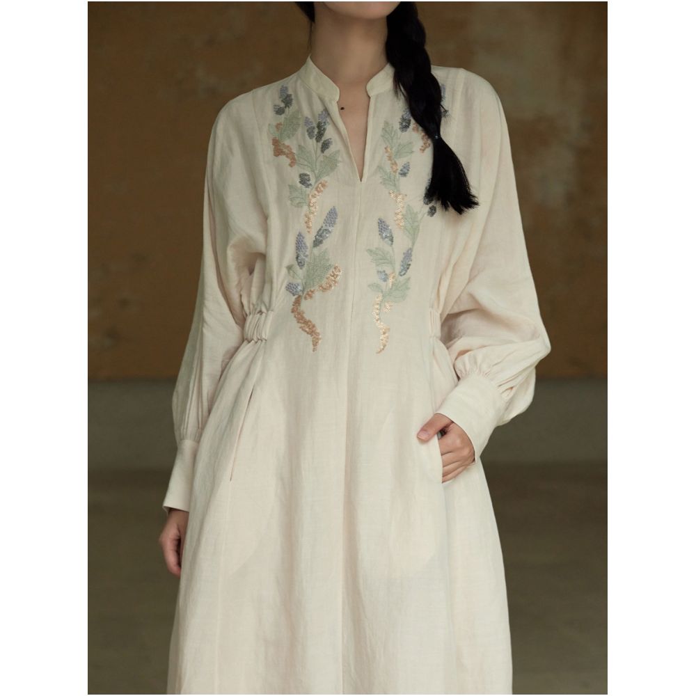 Designer hand drawn 3D sequin embroidery Lyocell ramie sand washed fabric slim fit retro dress image 2