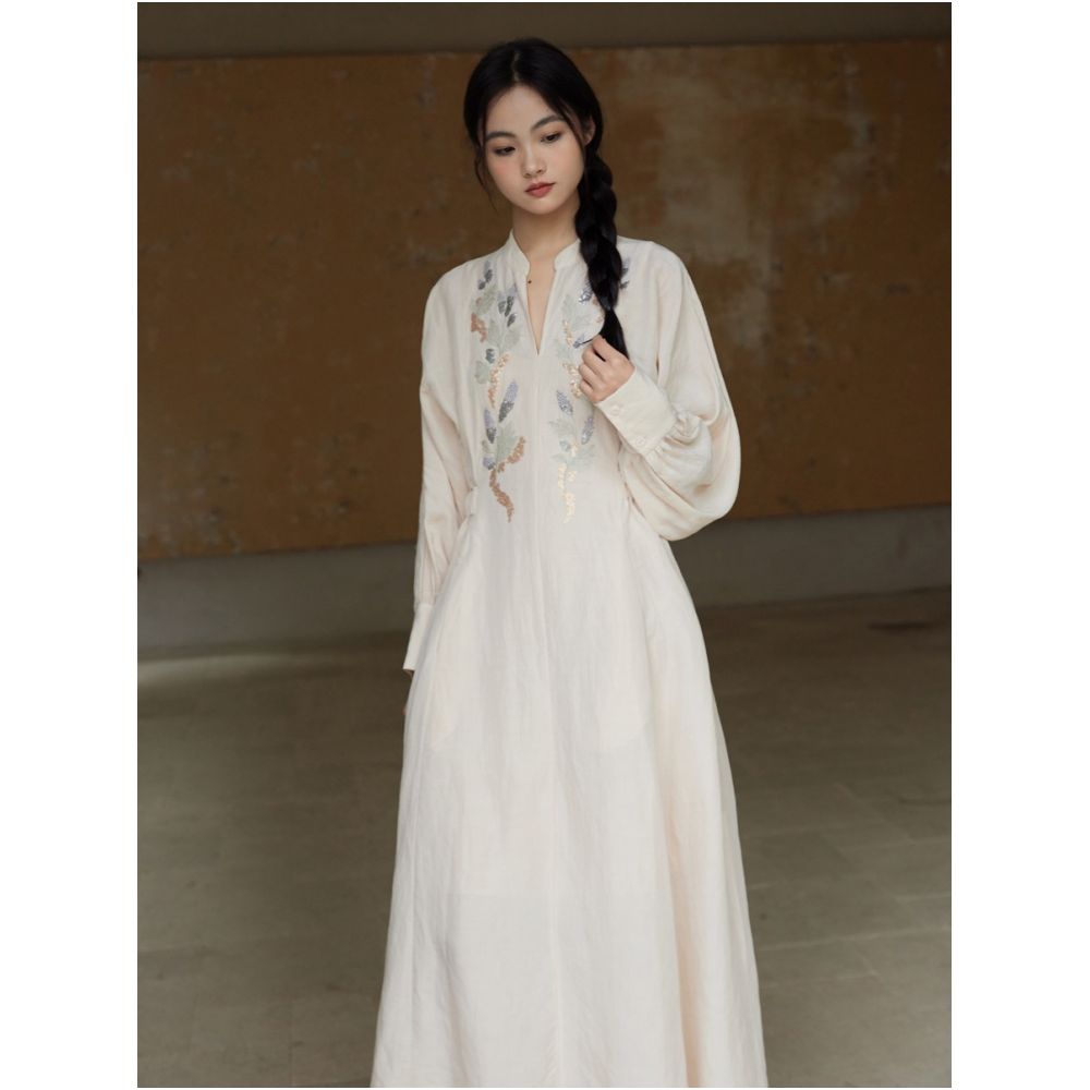 Designer hand drawn 3D sequin embroidery Lyocell ramie sand washed fabric slim fit retro dress image 5