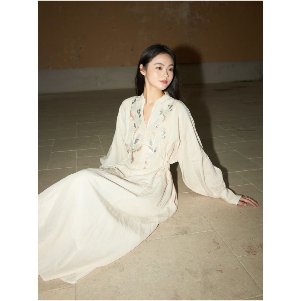 Designer hand drawn 3D sequin embroidery Lyocell ramie sand washed fabric slim fit retro dress image 0