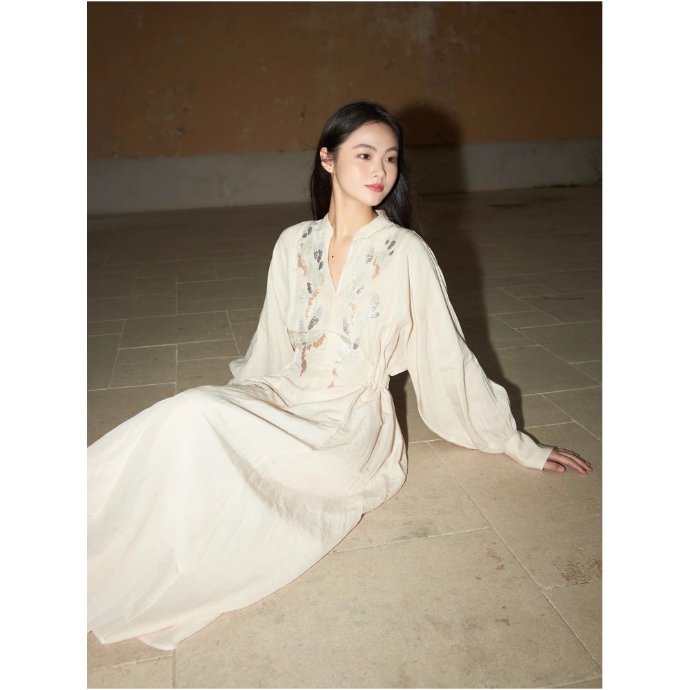 Designer hand drawn 3D sequin embroidery Lyocell ramie sand washed fabric slim fit retro dress image 11