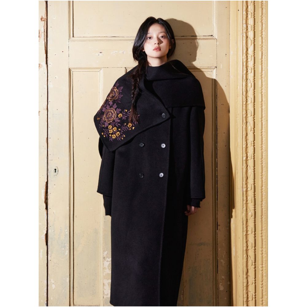 100 wool designer hand painted purple gold embroidered scarf fully handmade double sided woolen coat image 0
