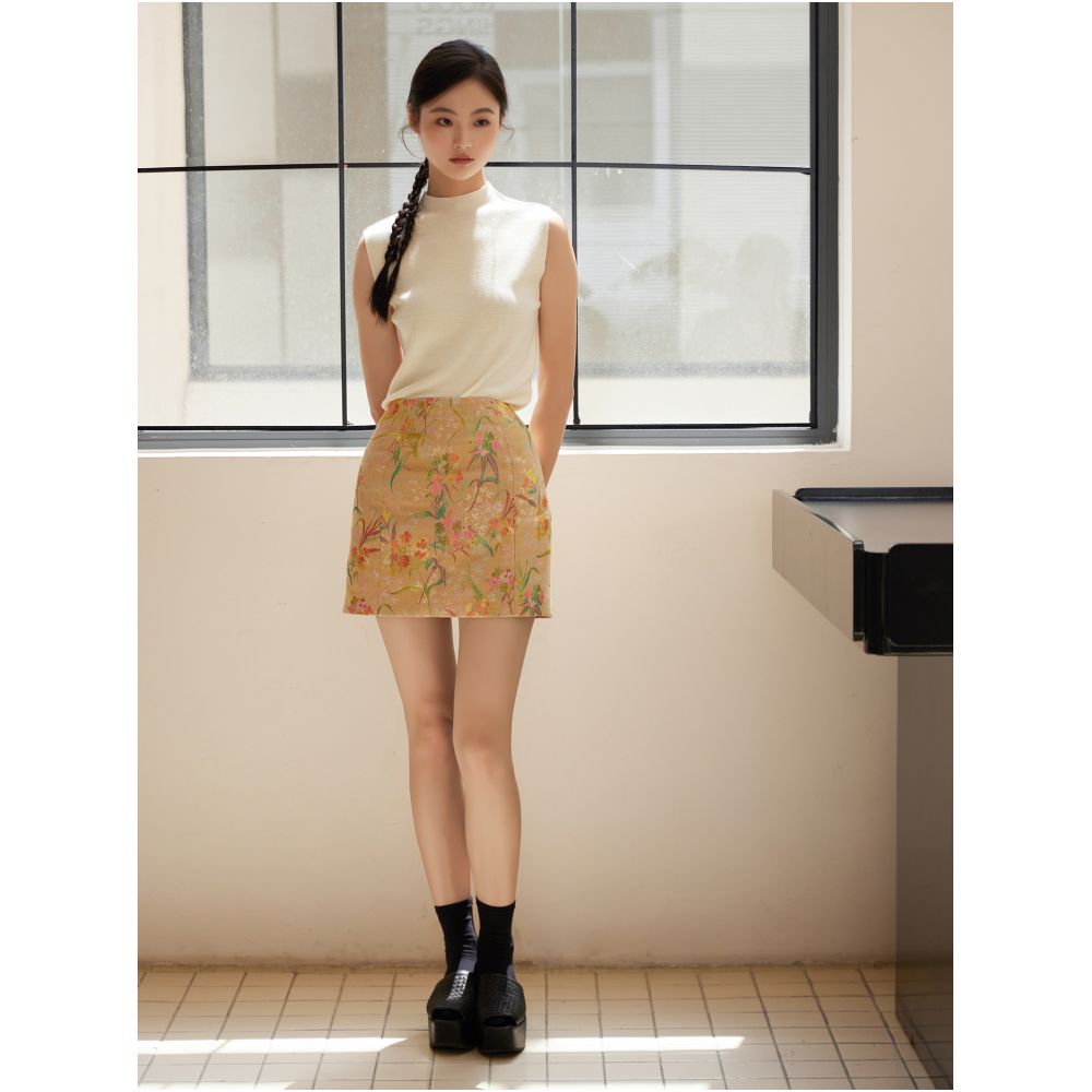 ASAYA2529 New Chinese style flower and bird painting jacquard fabric skirt