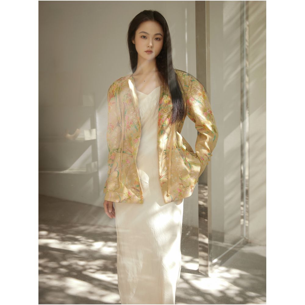 New Chinese style flower and bird painting jacquard fabric vintage style three dimensional waist hugging jacket hip hugging skirt image 25