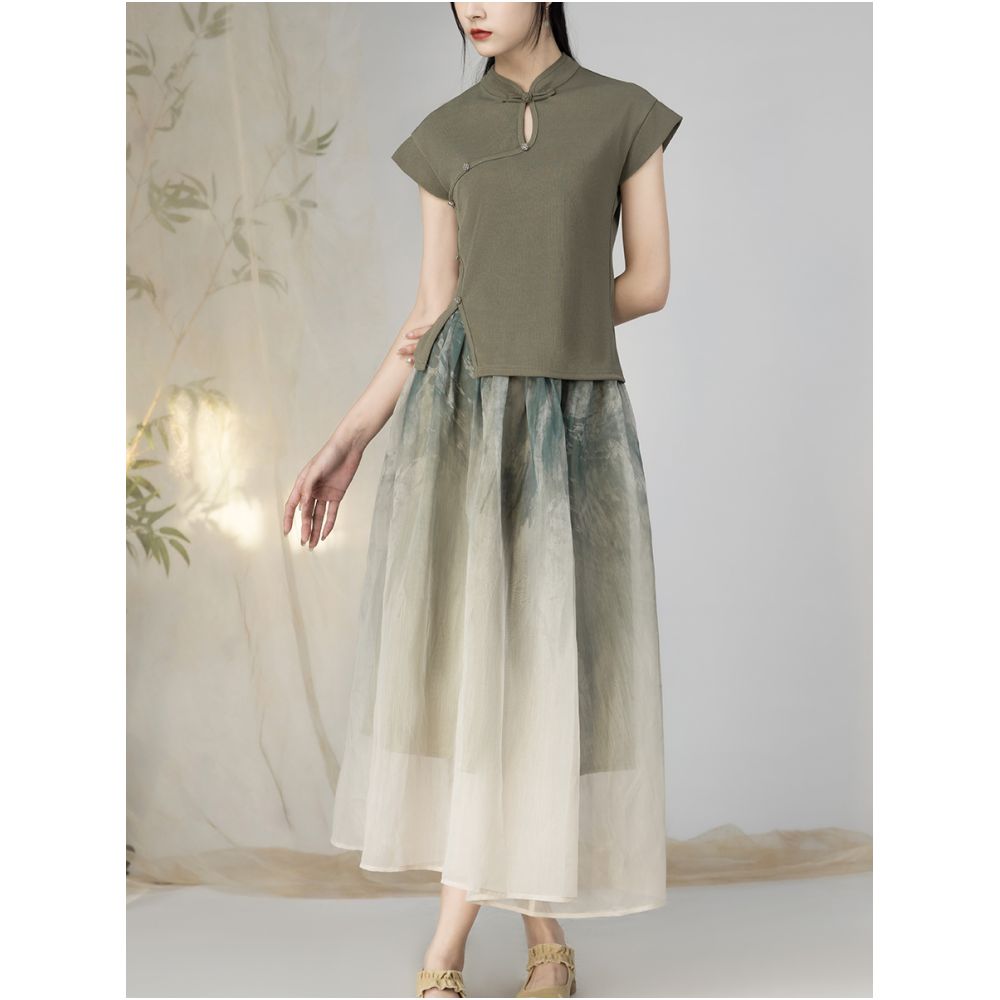Yiyan New Chinese Green Knitted Top Summer Buckle Stand up Collar Retro Little Fly Sleeve Design T shirt Short Sleeve for Women image 1