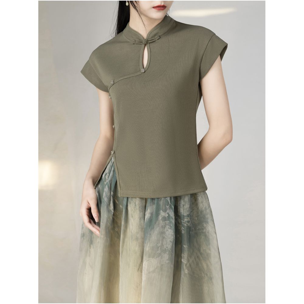 Yiyan New Chinese Green Knitted Top Summer Buckle Stand up Collar Retro Little Fly Sleeve Design T shirt Short Sleeve for Women image 2