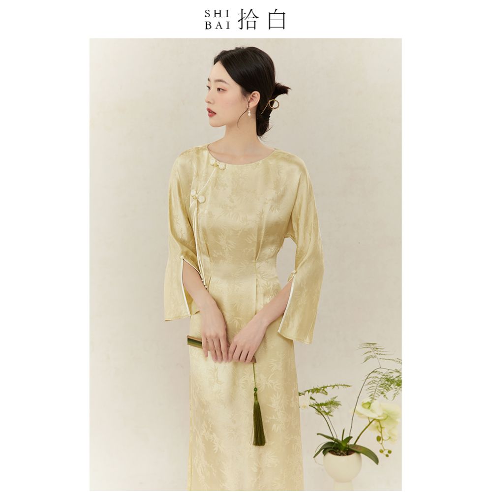 SHIBAI White New Chinese Dress with Xia Guofeng Original Design Bud Yellow Round Neck Improved Cheongsam Youth Style image 2