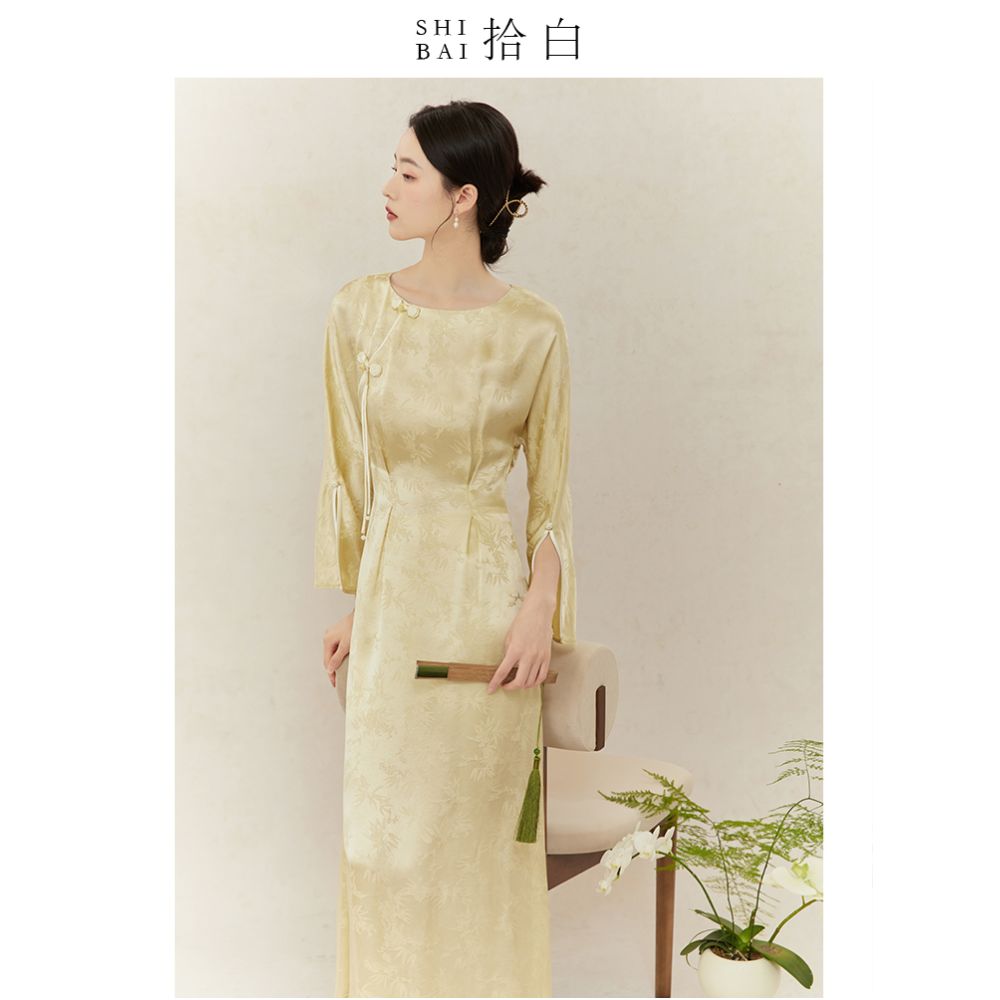 SHIBAI White New Chinese Dress with Xia Guofeng Original Design Bud Yellow Round Neck Improved Cheongsam Youth Style image 3