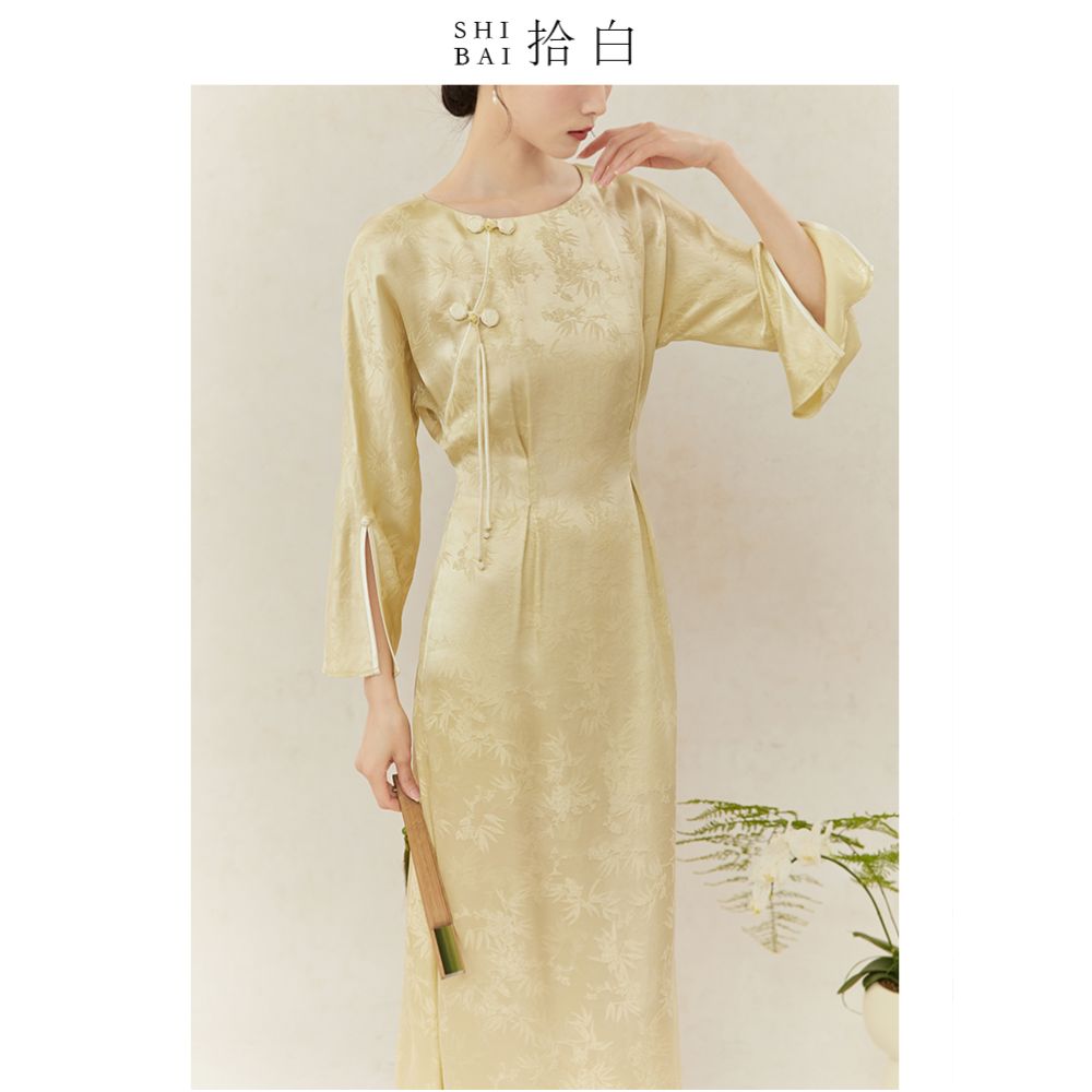 SHIBAI White New Chinese Dress with Xia Guofeng Original Design Bud Yellow Round Neck Improved Cheongsam Youth Style image 4