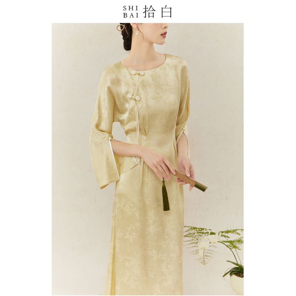 SHIBAI White New Chinese Dress with Xia Guofeng Original Design Bud Yellow Round Neck Improved Cheongsam Youth Style image 5