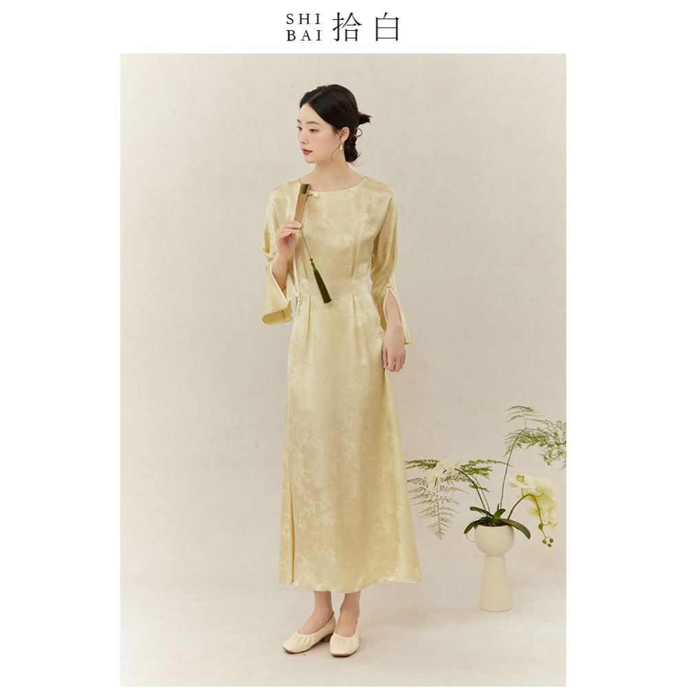 ASAYA2522 Xia Guofeng original design bud yellow round neck dress