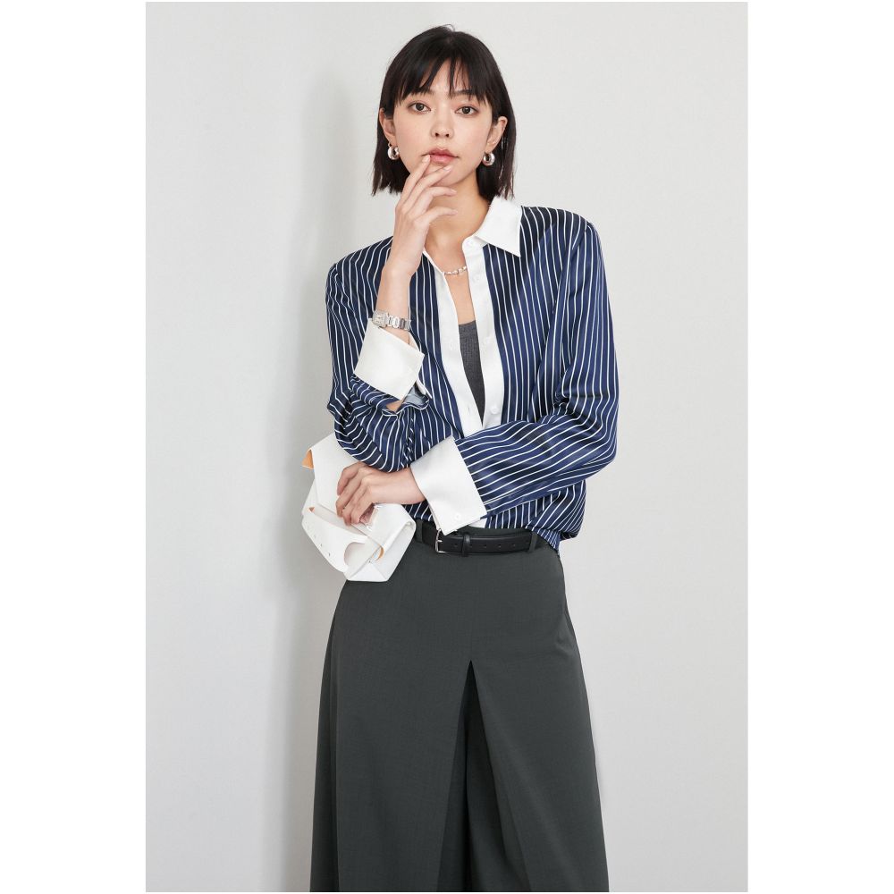 Le Samedi Wilde Pearl Stripe Lightweight Wind Bone Color Weaving Stripe Acetate White Contrast Shirt image 0