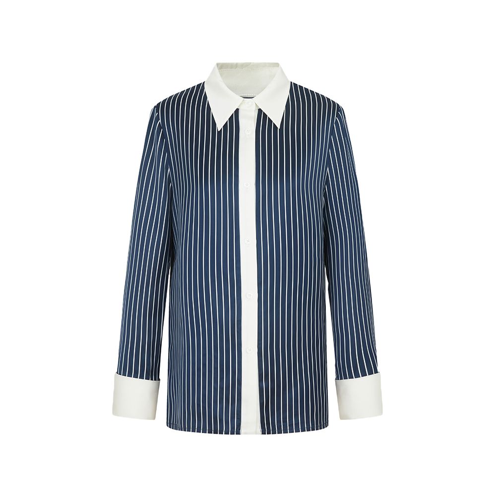 Le Samedi Wilde Pearl Stripe Lightweight Wind Bone Color Weaving Stripe Acetate White Contrast Shirt image 15