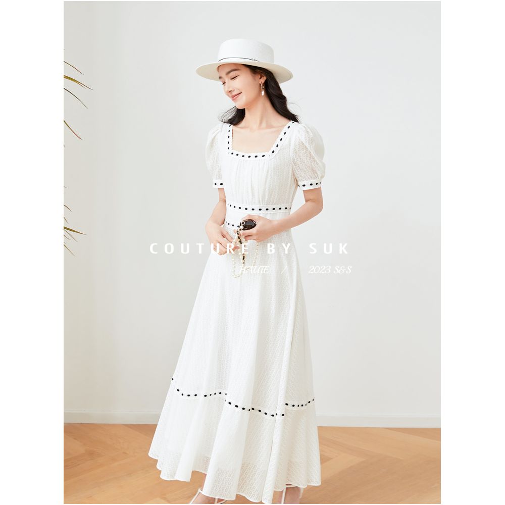 Spot SUK Danube Pearl Bubble sleeve contrasting white jacquard dress long style cinched waist for slimming effect image 2