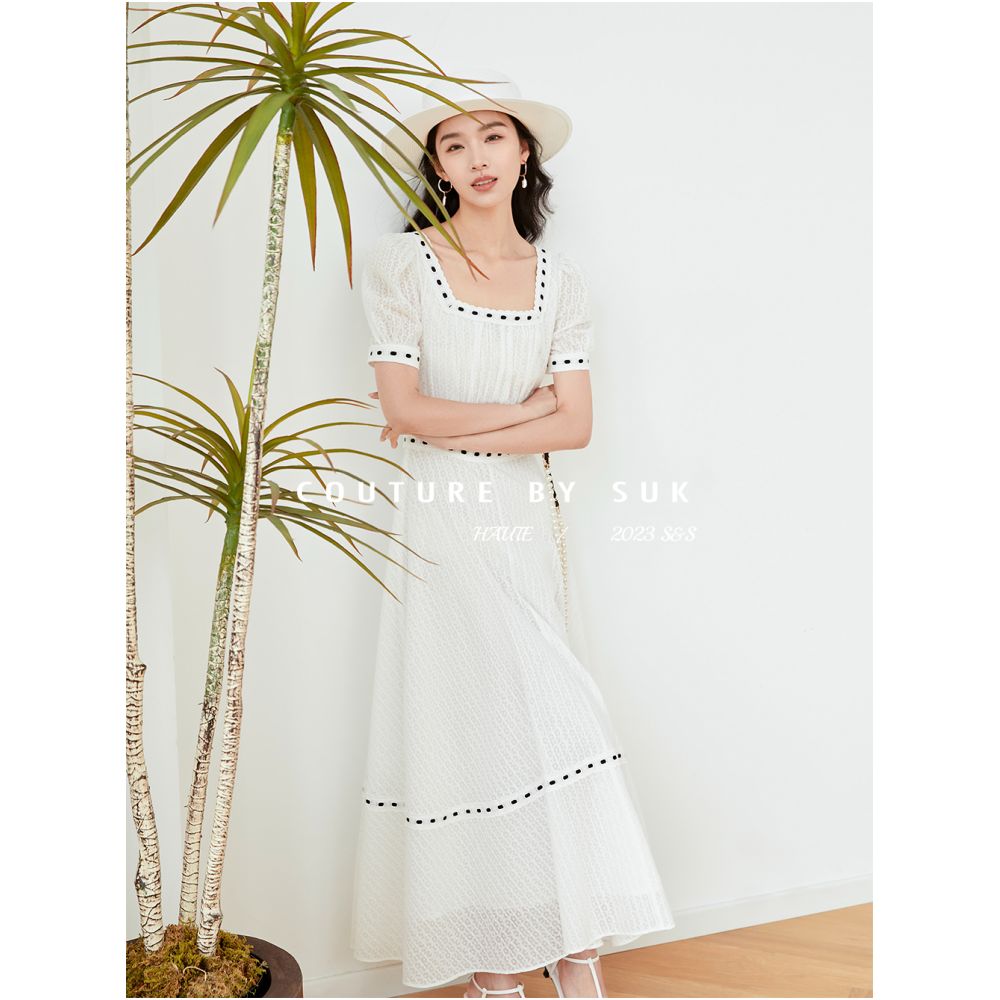 Spot SUK Danube Pearl Bubble sleeve contrasting white jacquard dress long style cinched waist for slimming effect image 3