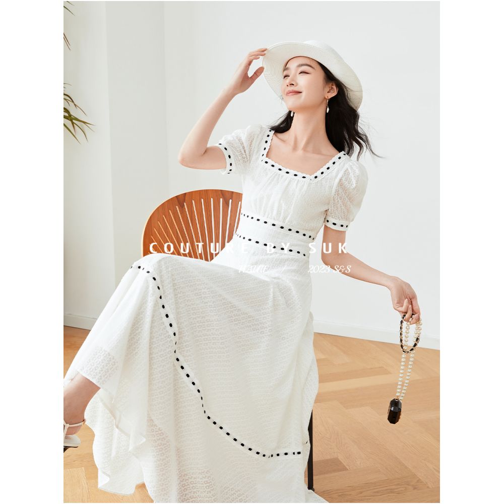 Spot SUK Danube Pearl Bubble sleeve contrasting white jacquard dress long style cinched waist for slimming effect image 5