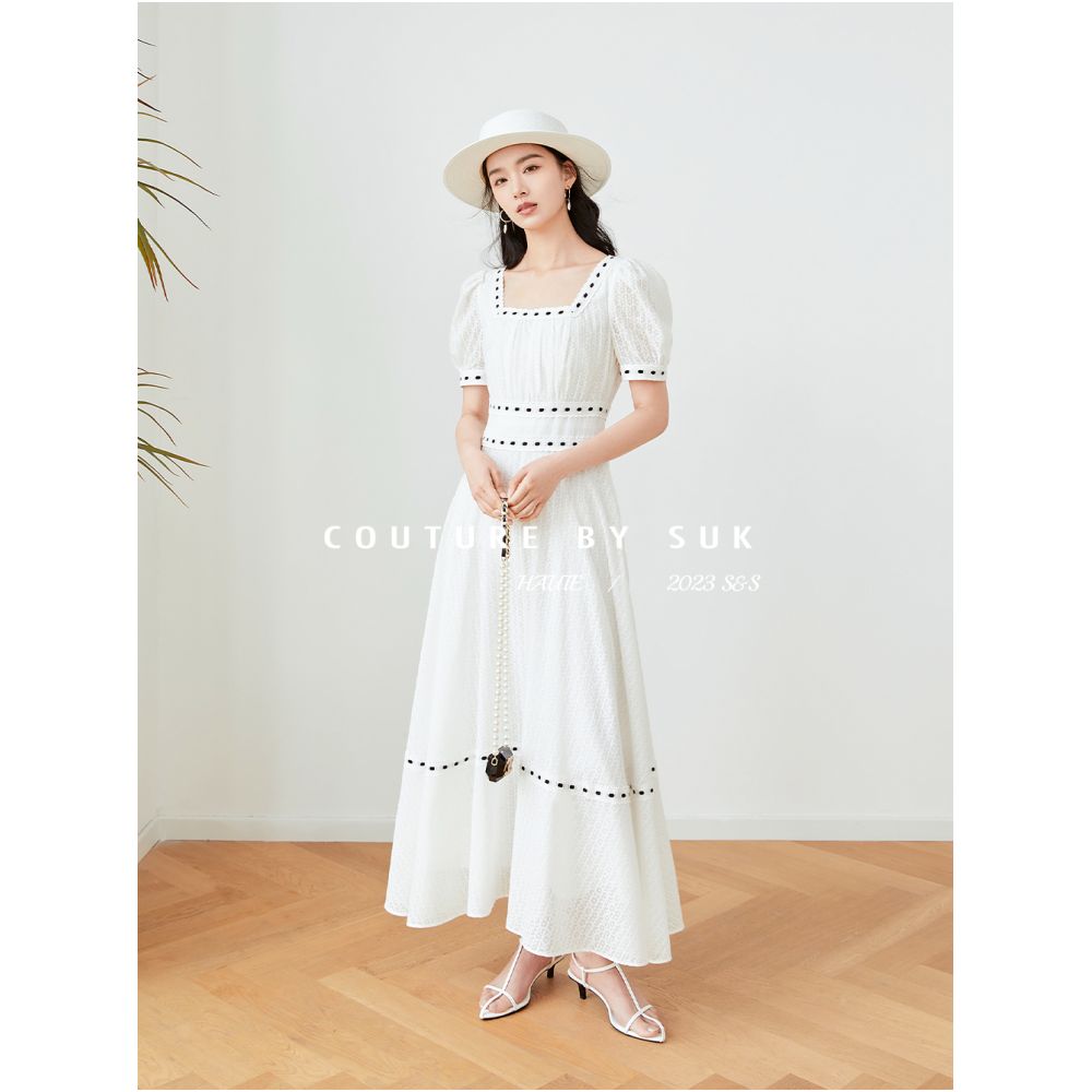 Spot SUK Danube Pearl Bubble sleeve contrasting white jacquard dress long style cinched waist for slimming effect image 0