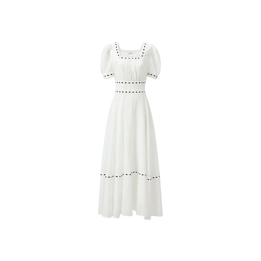 ASAYA2518 Danube Pearl Puff sleeve contrasting white jacquard dress
