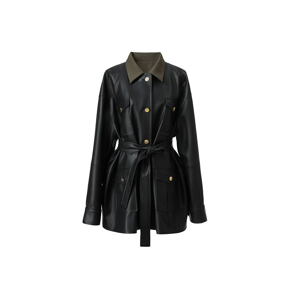 SUK will last forever Autumn black leather jacket half skirt two piece set design inspired leather jacket set for women image 6