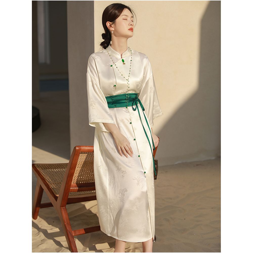 SHIBAI White New Chinese Spring and Autumn Zen National Style Acetic Acid Plum Orchid Bamboo Chrysanthemum Dress White Atmospheric Medium length Dress image 2