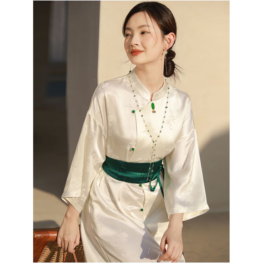 SHIBAI White New Chinese Spring and Autumn Zen National Style Acetic Acid Plum Orchid Bamboo Chrysanthemum Dress White Atmospheric Medium length Dress image 3