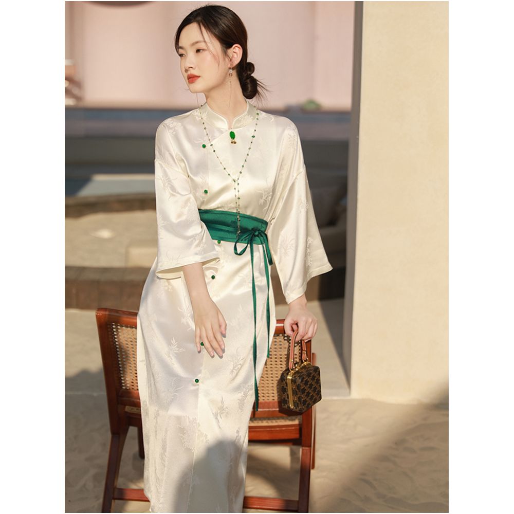 SHIBAI White New Chinese Spring and Autumn Zen National Style Acetic Acid Plum Orchid Bamboo Chrysanthemum Dress White Atmospheric Medium length Dress image 7